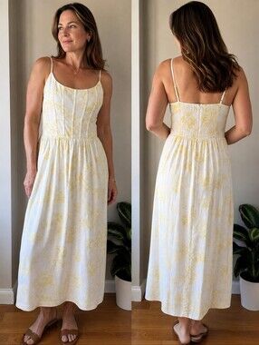 WAYF Yellow Floral Linen Blend Corset Maxi Dress Cottagecore Sundress Size L